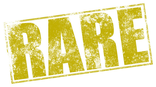 Vintage yellow RARE stamp in distressed texture for authenticity verification in warm lighting for business documentation on Transparent Background