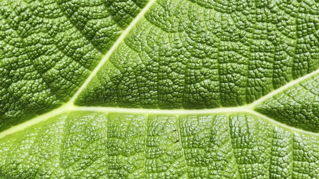 Extreme closeup of vibrant green leaf texture with detailed bumpy surface and prominent light veins
