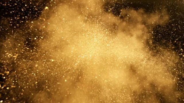 Explosion of Golden Glitter Particles on Black Background.