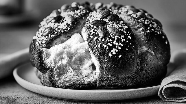 Traditional colomba cake with almonds and sugar pearls in monochrome