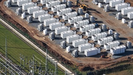 Aerial view of a large-scale battery storage construction site in Germany, highlighting the expansion of energy storage infrastructure as part of the renewable energy transition.  © Maik