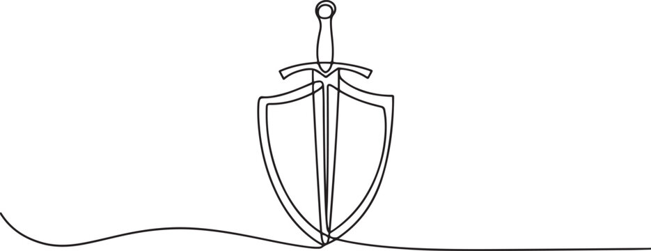 One continuous line drawing of a sword and a shield. Concept of defense, protection, security, and strength.one line Art icon drawing vector