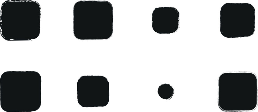 A collection of simple black square icons featuring a rough distressed grunge-style border. These clean yet textured elements are perfect for minimalist web design UI kits or graphic design projects.