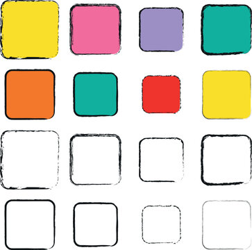 A versatile set of sixteen square frames featuring various colors and rough hand-drawn border textures. These vector elements are ideal for scrapbooking photo collages invitations and creative design 