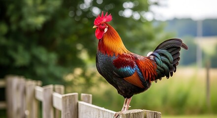 Fototapeta premium Vibrant rooster perched on a fence a colorful farmyard scene