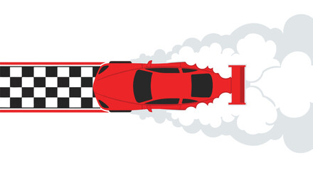 Fototapeta premium Top view of a red sports car performing a burnout with smoke and checkered flag finish line