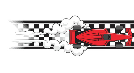 Fototapeta premium Red Formula 1 race car speeding across a checkered finish line with smoke trails, top view illustration