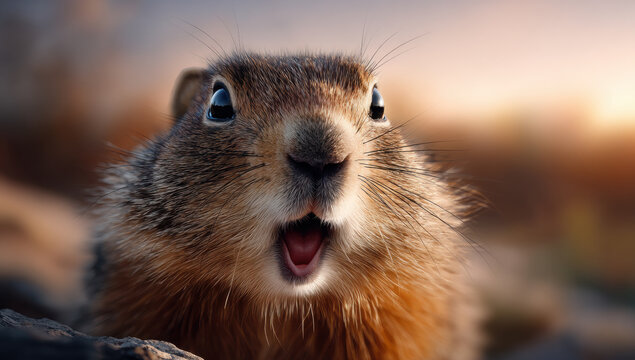 Groundhog or gopher with a surprised expression opening mouth, communicating unexpected emotions in nature at sunset