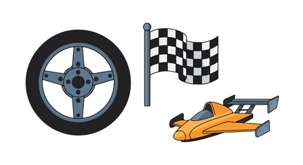 Fototapeta premium Racing elements: car wheel, checkered flag, and futuristic race car illustration on white background