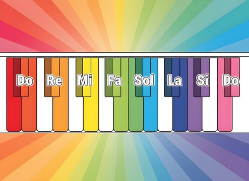 Colorful Piano Keyboard with Do Re Mi Notes Rainbow Background Music Education Concept. 