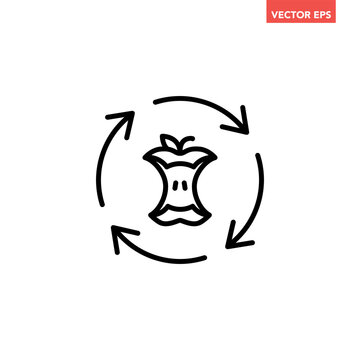 Black single zero waste food waste recycle line icon, simple organic recycling flat design vector pictogram, infographic interface elements for app logo web button ui ux isolated on white background