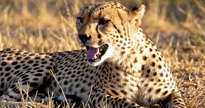 Wild African cheetah resting and yawning in the dry golden savannah grass