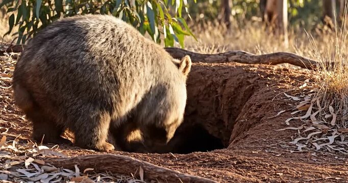 Wild wombat walking into its burrow in the Australian forest at sunset