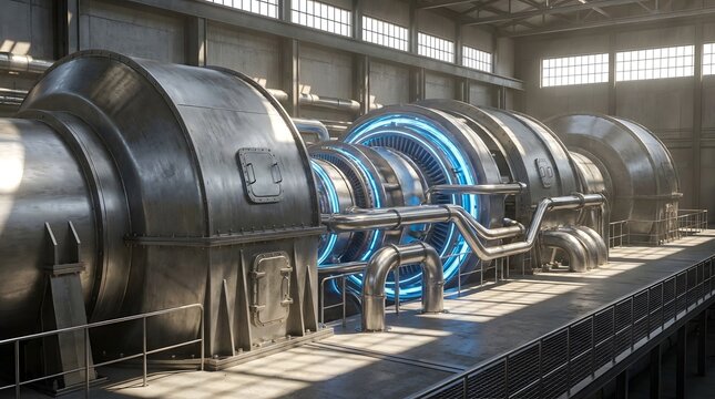 industrial hydrogen energy turbine system in modern power plant with blue piping and warm lighting