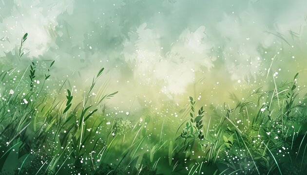Vibrant green grass and soft mist create a serene natural landscape background for relaxation or inspiration