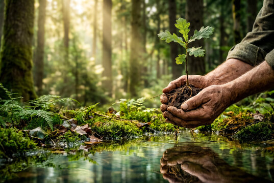 Postcard template showing hands old man holding small oak tree sapling over forest stream.