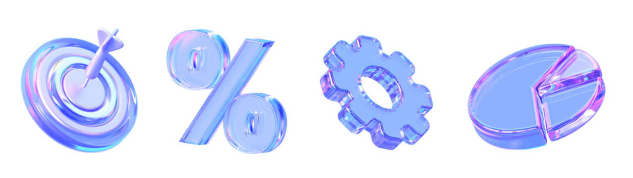 Glossy 3D glass business icons set with target, percent sign, gear and pie chart, modern marketing, sales, analytics, strategy, discount, business growth and finance concept.