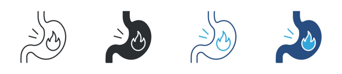 Fototapeta premium Heartburn icon set. human stomach with burning flame. acid reflux and digestive discomfort concept. vector illustration.