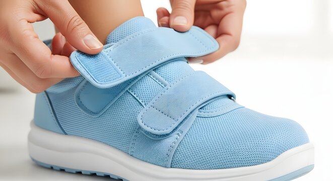 Close-up of hands adjusting cute blue child's shoe
