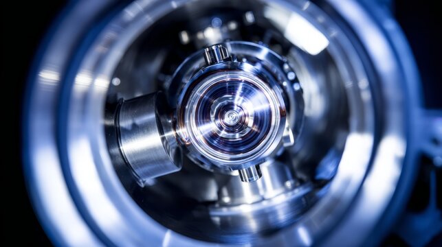 Inside a vacuum chamber, metallic vapor coating a rotating precision component, industrial atmosphere, focused on the process, cool-toned lighting