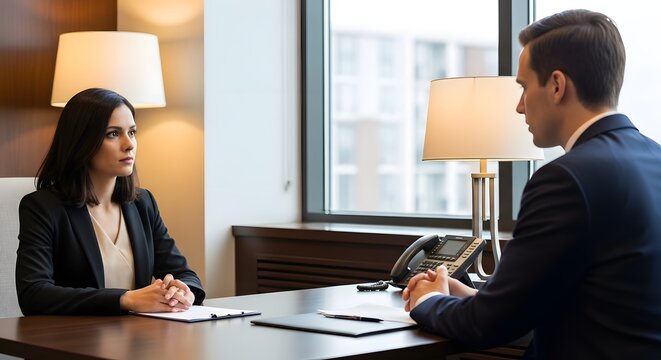Colleagues discuss project plans at modern office desk