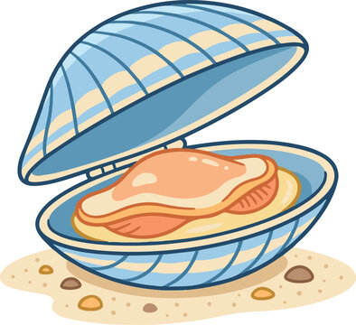 Flat vector illustration of an open clam shell revealing a seafood filling, designed in a clean cartoon style with soft colors and bold outlines, ideal for food menus, coastal branding, and marine-the