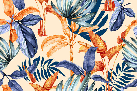 Seamless pattern of tropical plant,palm and flowers painted in watercolor.For fabric luxurious and wallpaper, vintage style.Botanical floral pattern.Tropical background.