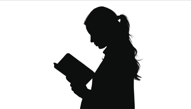 Woman silhouette holds a book while standing in a profile pose against a white background to illustrate a peaceful scene of reading and intellectual growth for educational or literary projects.
