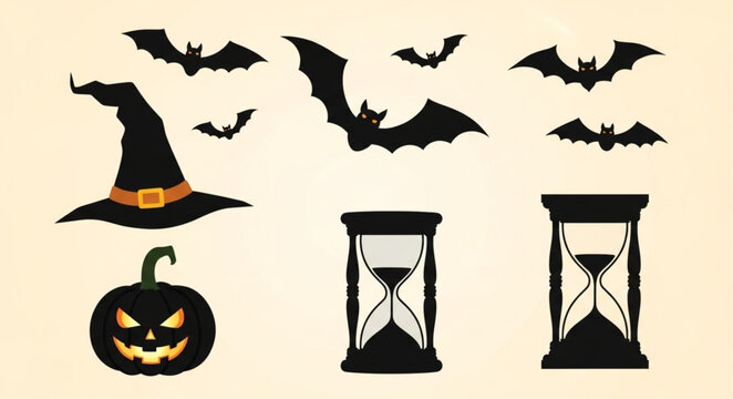 Halloween icons including witch hat pumpkin.