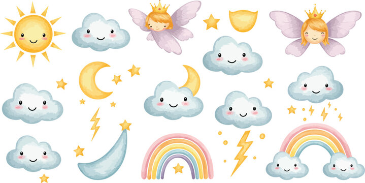 Whimsical illustration of smiling clouds fairies sun moon rainbow and stars