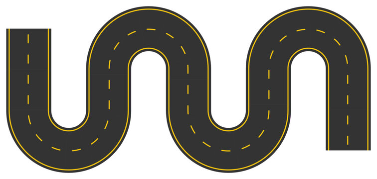Curved asphalt road vector isolated on white background. Winding highway path with dashed centerline and smooth bends. Transportation route design for navigation, map, or driving concept.