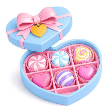 Pastel Heart Shaped Candy Gift Box with Pink Ribbon Isolated on White Background