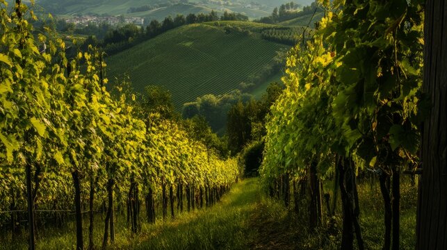 tuscany. Rows of grapevines on an Italian hillside in golden light. travel magazines, destination branding, designed for outdoor magazines and nature guides, used by customer success managers.
