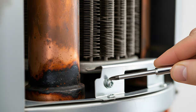 Gas boiler maintenance and repair services | HVAC technician fixing heat exchanger | Close up of corroded copper pipe in heating system | Residential water heater inspection and troubleshooting