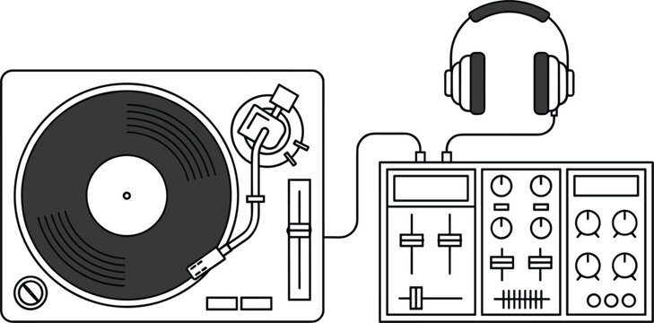 DJ music equipment vector with turntable mixer headphones and audio production setup