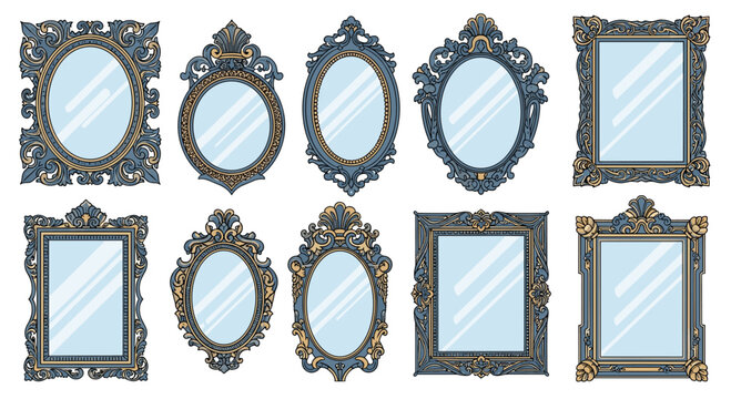 Collection of ornate vintage mirror frames with baroque and rococo style carvings in gold and blue tones on a white background.