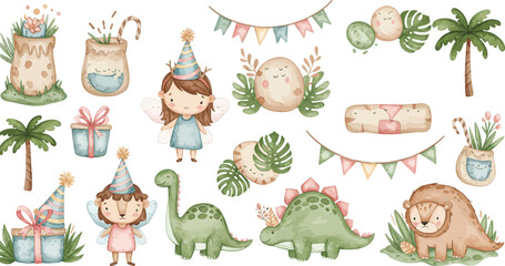 Fototapeta premium cute Dinosaur Birthday Clipart Set