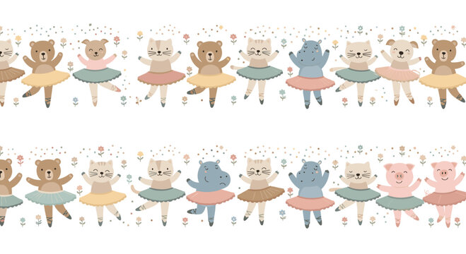 Adorable animal characters like bears, cats, hippos, and pigs wearing tutus and performing ballet dancing in a row for children.