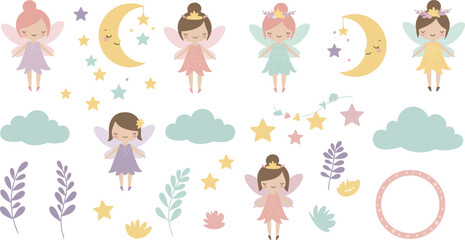 Fototapeta premium Whimsical illustration of women and celestial elements in soft pastel colors