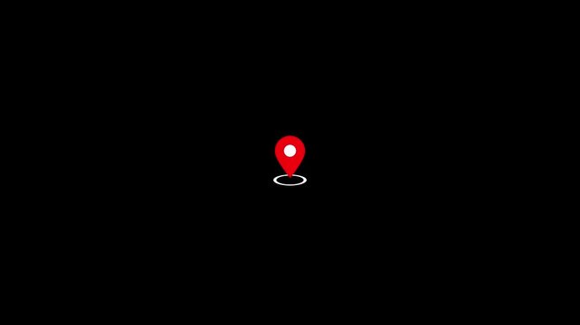 Minimalist red location pin animation with glowing white circle on dark background for map navigation. 4k video