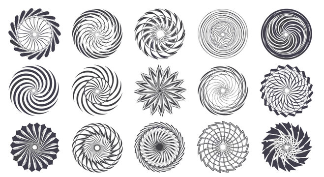 Assorted circular patterns and geometric spirals with intricate line work for decorative and psychedelic design motifs and ornaments.