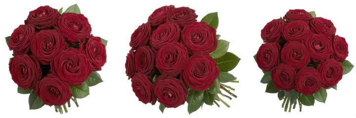 Obraz premium Three bouquets of dark red roses with green leaves isolated on a white background, front view