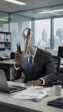 Animals work in the office. A heron in a business suit tackles work tasks in the office