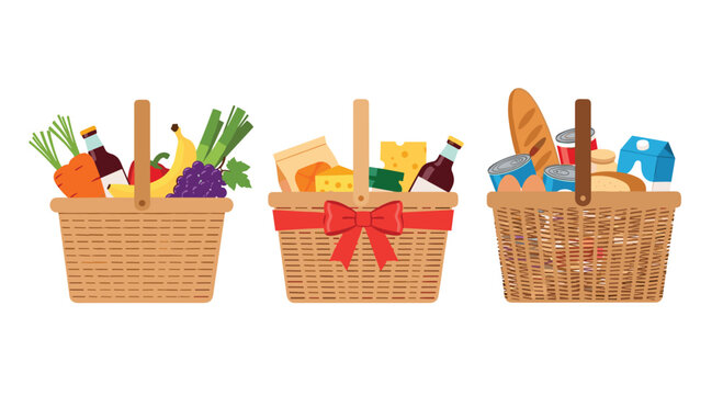 Three picnic and gift baskets filled with fresh vegetables, fruits, cheese, wine, bread, and canned goods for gourmet celebrations.