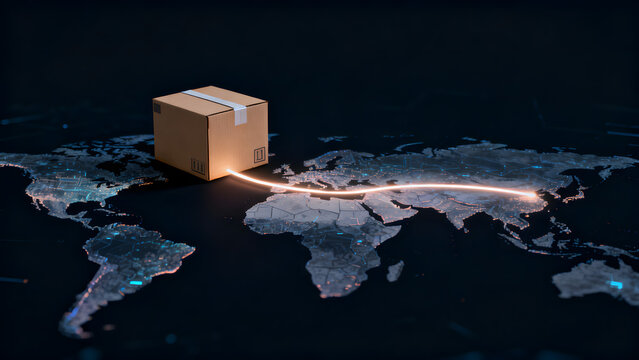 Global logistics and fast delivery concept featuring a cardboard box and glowing shipping route on a digital world map