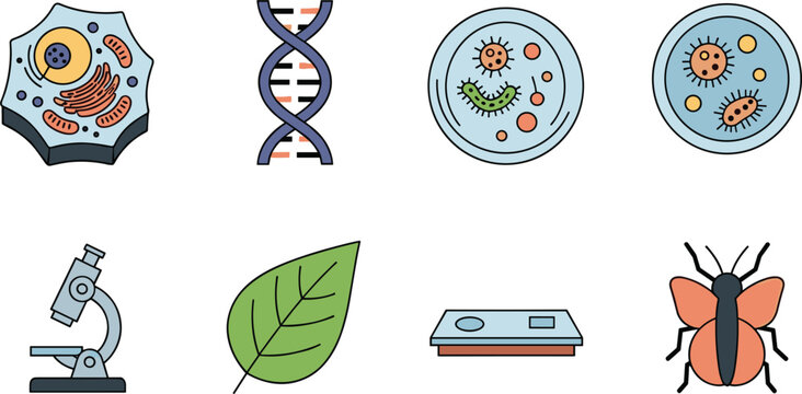 Biology and laboratory science icon set with DNA petri dish microscope leaf and research symbols vector