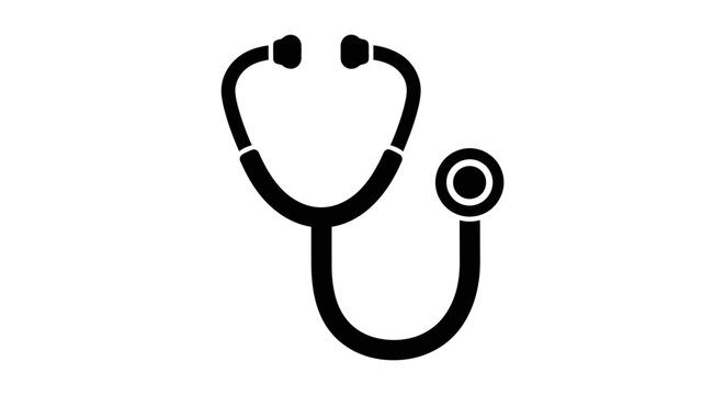 A black silhouette of a stethoscope with its tubing gracefully curving symbolizes the medical profession and healthcare diagnosis against a white backdrop.