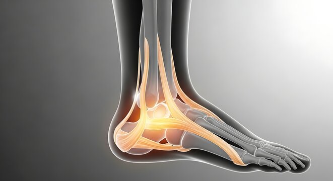 Detailed anatomical illustration of the human ankle joint ligaments and bones