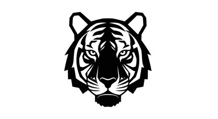 A bold and fierce black and white graphic illustration of a tiger's head and face, showcasing its powerful and majestic presence with striking striped details. © Mezzy