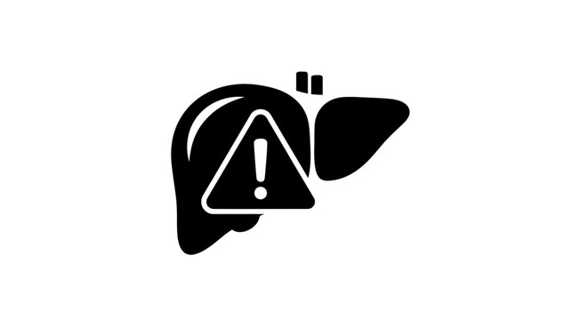 Liver warning icon: A stark black and white icon, portraying a human liver with a cautionary sign overlaid, emphasizing health and internal well-being.